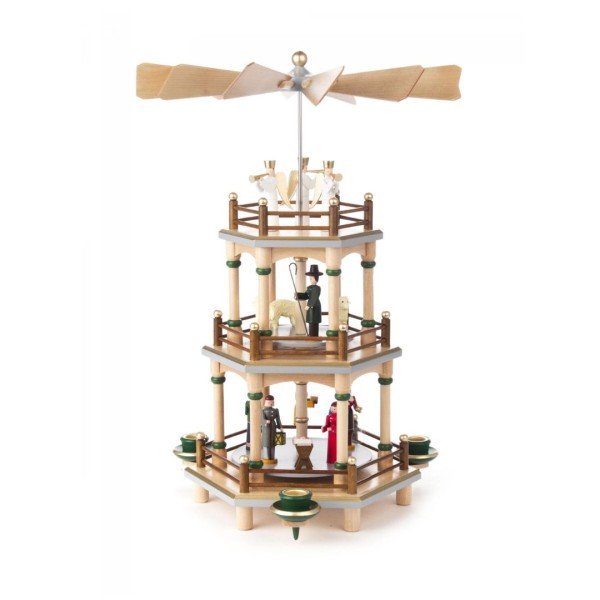 Weihnachtspyramide Christi Geburt - natur - farbige Figuren - 2-stöckig - für Kerzen Durchmesser 14m