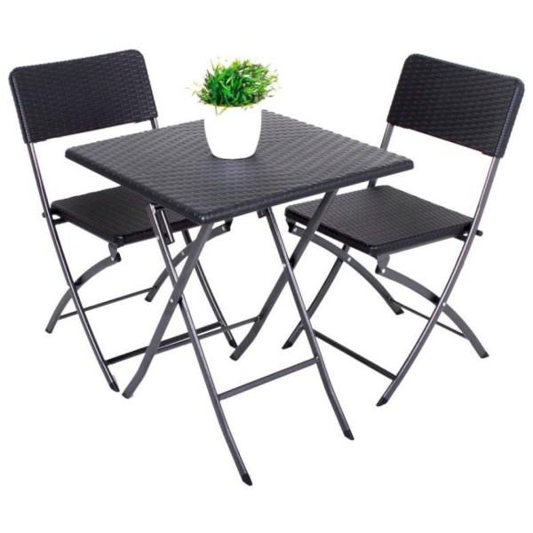 Balkon-Set VENTANA - Tisch mit 2 Stühlen - Rattan-Optik - Schwarz