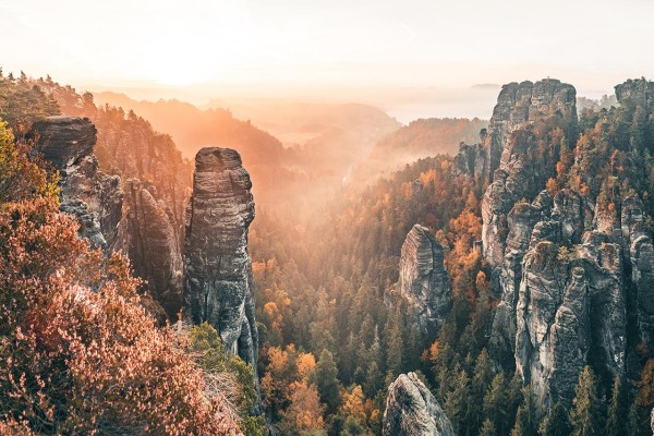 Wandbild Sächsische Schweiz - Herbstlicher Sonnenaufgang mit Nebel (Motiv LV16)