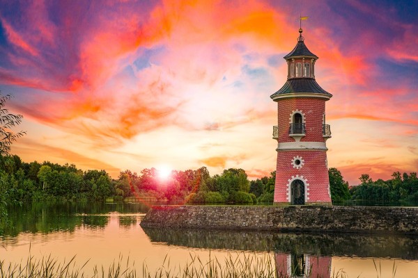 Wandbild Moritzburg - Leuchtturm zum Sonnenuntergang (Motiv DMMOR01)