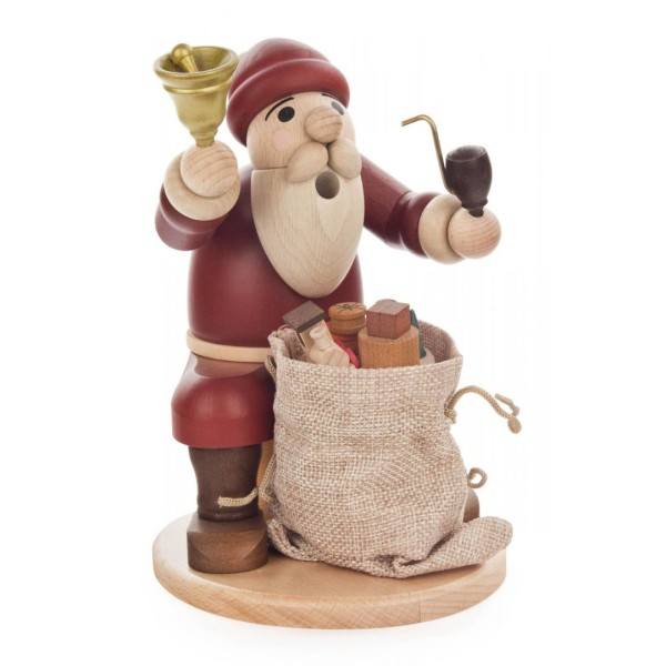 Räuchermann Weihnachsmann sitzend mit Glocke und Geschenkesack