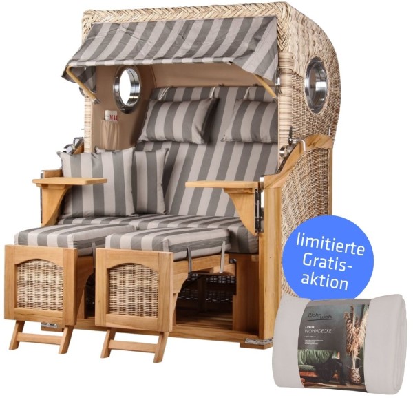 Strandkorb DÜNE - Zweisitzer - Grau gestreift - Design 537 - inkl. gratis Kuscheldecke
