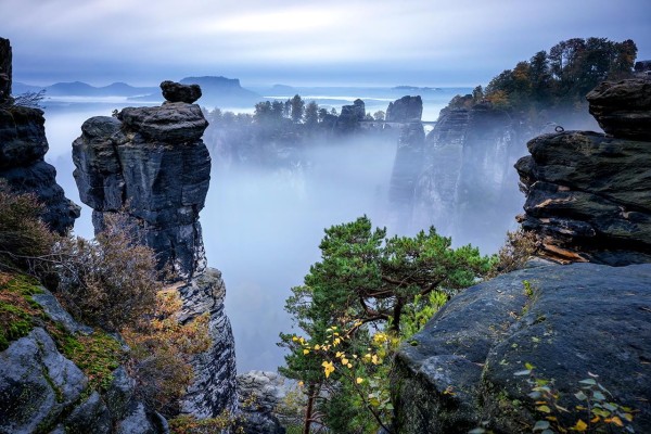 Wandbild Sächsische Schweiz - Bastei an einem vernebelnden Herbstmorgen (Motiv 01010)