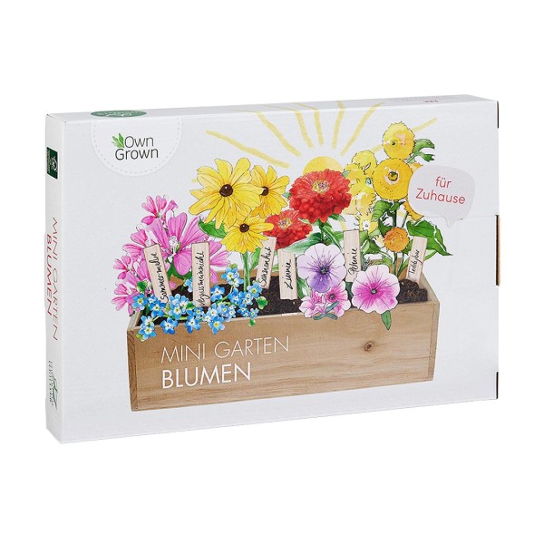 Mini-Blumengarten - Anzucht-Set mit 6er-Set Samen, Holzkiste, Erde und Pflanzensteckern