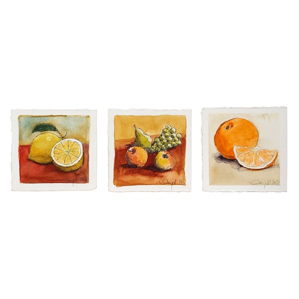 Marc-M.J. Wolff-Rosenkranz 3 Aquarelle - Früchte - Motive: Zitrone / Apfel, Birne, Trauben / Orange