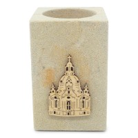 Sandstein-Leuchter mit Holz-Aussägebild - Frauenkirche Sandstein-Leuchter mit Holz-Aussägebild - Frauenkirche